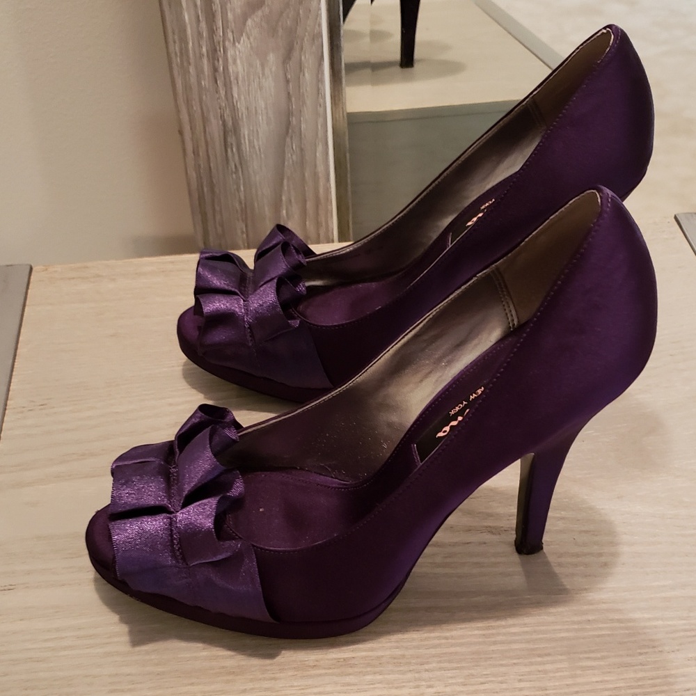 Nina Evelixa-Purple Satin Ruffle Peep Toe Pump